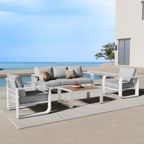 Aluminum Outdoor Patio Furniture Set 4 Piece, Oversized Patio Conversation Sets Widened Armrest & Ultra-Thick Cushions, Deep Seating Modern Sectional Furniture for Backyard, Porch, White