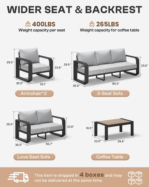 Aluminum Outdoor Patio Furniture Set 5 Piece, Oversized Patio Conversation Sets Widened Armrest & Ultra-Thick Cushions, Deep Seating Modern Sectional Furniture for Backyard, Porch, Gray