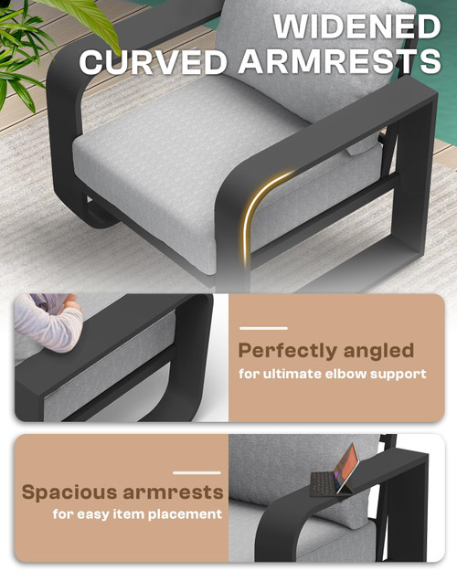 Aluminum Outdoor Patio Furniture Set 5 Piece, Oversized Patio Conversation Sets Widened Armrest & Ultra-Thick Cushions, Deep Seating Modern Sectional Furniture for Backyard, Porch, Gray