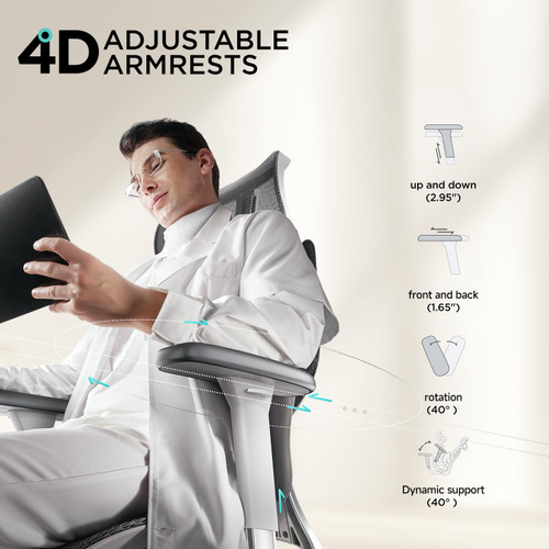 E3 Air Ergonomic Office Chair, Big and Tall Office Chair - with 3-Zone Dynamic Lumbar Support, 3D Adjustable Headrest, 4D Adjustable Armrests, Swivel, Grey(with Footrest)