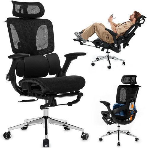 Office Chair with Footrest, High Back Desk Chair Computer Gaming Chairs with 4D Armrests, Adjustable 3-Zone Dynamic Lumbar Support, Ergonomic Mesh Chairs with Wheels, Black