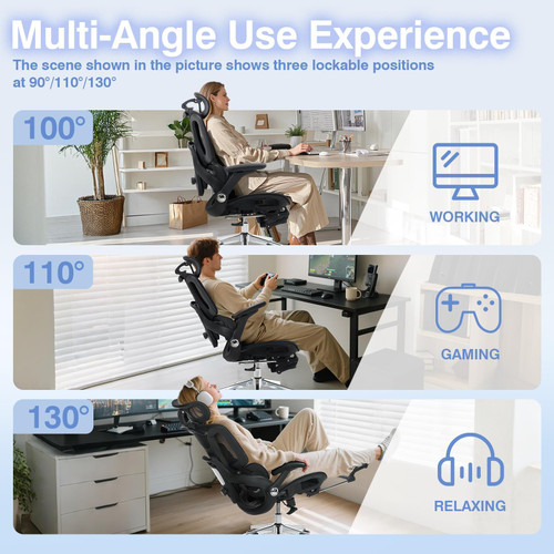 Office Chair with Footrest, High Back Desk Chair Computer Gaming Chairs with 4D Armrests, Adjustable 3-Zone Dynamic Lumbar Support, Ergonomic Mesh Chairs with Wheels, Black