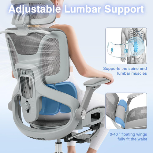 Ergonomic Mesh Office Chair with 4D Armrests, High Back Desk Chair Computer Gaming Chairs with Footrest, Adjustable 3-Zone Dynamic Lumbar Support, Ergonomic Office Chair with Wheels, Gray