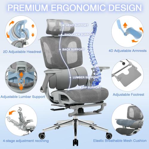 Ergonomic Mesh Office Chair with 4D Armrests, High Back Desk Chair Computer Gaming Chairs with Footrest, Adjustable 3-Zone Dynamic Lumbar Support, Ergonomic Office Chair with Wheels, Gray