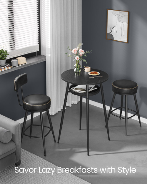 Bar Table with Storage, Round High Pub Table, Synthetic Leather with Stitching, Mid-Century Modern, Kitchen Home Bar, Living Room, Easy Assembly, Ebony Black and Ink Black