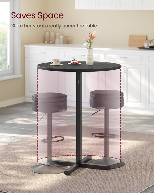 Round Cocktail Table, High Top Bar Pub Table with Metal Frame and Cross Base, for 2-3 People, Modern, Easy to Assemble, 23.6 x 23.6 Inches, Ebony Black ULBT361B01V1