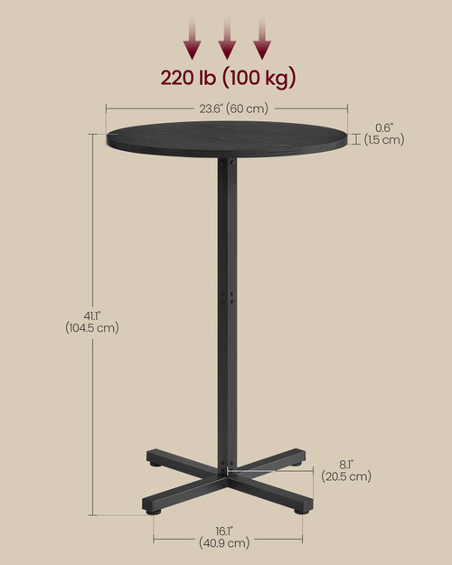 Round Cocktail Table, High Top Bar Pub Table with Metal Frame and Cross Base, for 2-3 People, Modern, Easy to Assemble, 23.6 x 23.6 Inches, Ebony Black ULBT361B01V1