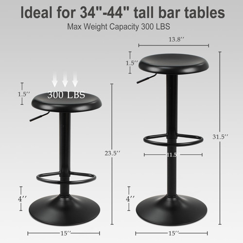Bar Stools - 2 Pack, Adjustable Swivel Height Counter Bar Stool, Modern Metal Barstools, Backless Barstool for Bar, Kitchen Island, Pub, Black