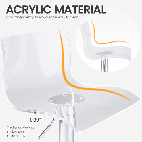 Acrylic Bar Stools with Mid Back, Set of 2, Transparent Adjustable Swivel Airlift Barstools, Counter Height Bar Chairs for Kitchen Dining Pub Cafe (Clear)