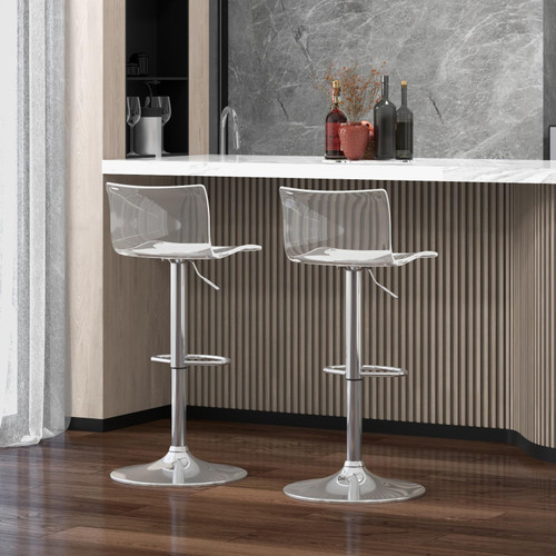 Acrylic Bar Stools with Mid Back, Set of 2, Transparent Adjustable Swivel Airlift Barstools, Counter Height Bar Chairs for Kitchen Dining Pub Cafe (Clear)