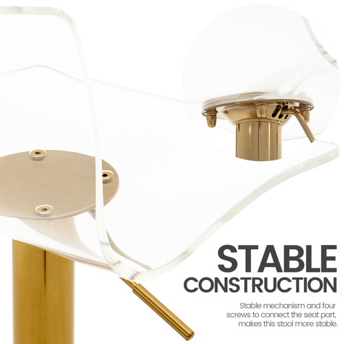 Acrylic Bar Stools with Mid Back, Set of 2, Transparent Adjustable Swivel Airlift Barstools, Counter Height Bar Chairs for Kitchen Dining Pub Cafe (Clear, Gold Base)