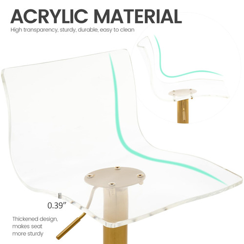 Acrylic Bar Stools with Mid Back, Set of 2, Transparent Adjustable Swivel Airlift Barstools, Counter Height Bar Chairs for Kitchen Dining Pub Cafe (Clear, Gold Base)