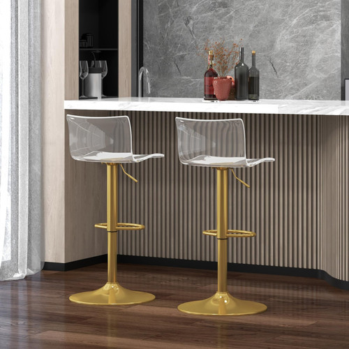 Acrylic Bar Stools with Mid Back, Set of 2, Transparent Adjustable Swivel Airlift Barstools, Counter Height Bar Chairs for Kitchen Dining Pub Cafe (Clear, Gold Base)