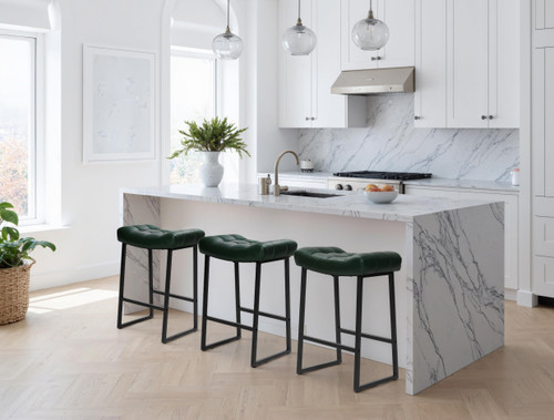 Counter Height Bar Stool for Kitchen Counter Modern Backless Barstool with Upholstered Faux Leather Seat and Metal Frame Industrial 24 inch Bar Chair, Dark Green