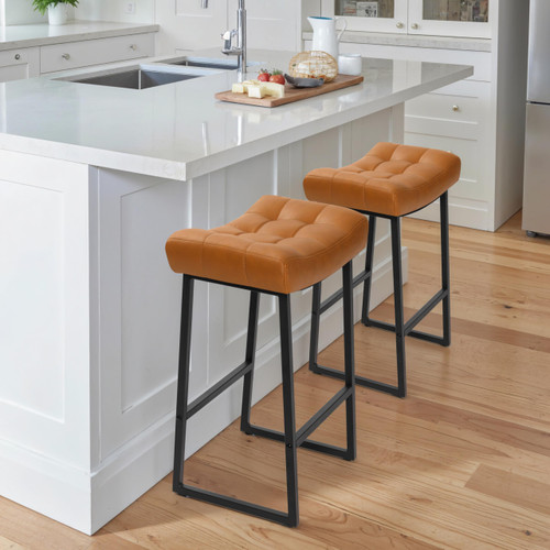 Counter Height Bar Stool for Kitchen Counter Modern Backless Barstool with Upholstered Faux Leather Seat and Metal Frame Industrial 24 inch Bar Chair, Light Brown
