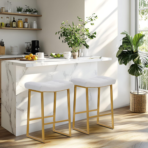 White & Gold Counter Height Bar Stool for Kitchen Counter Modern Backless Barstool with Upholstered Faux Leather Seat and Metal Frame Industrial 24 inch Bar Chair