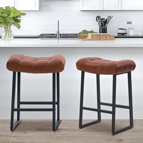 Modern Bar Stools Set of 2 for Kitchen Counter 24 inch Counter Height Backless Barstools with Upholstered Faux Leather Saddle Seat and Metal Frame Industrial Bar Chairs, Brown