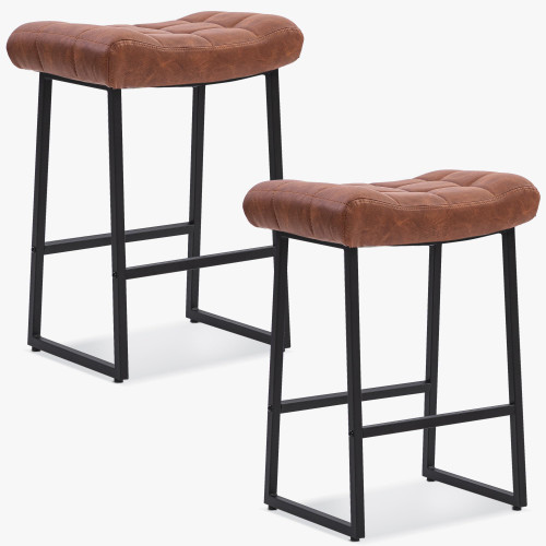 Modern Bar Stools Set of 2 for Kitchen Counter 24 inch Counter Height Backless Barstools with Upholstered Faux Leather Saddle Seat and Metal Frame Industrial Bar Chairs, Brown