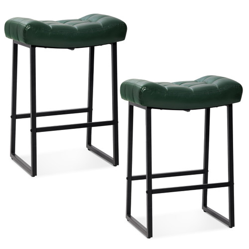 Modern Bar Stools Set of 2 for Kitchen Counter 24 inch Counter Height Backless Barstools with Upholstered Faux Leather Saddle Seat and Metal Frame Industrial Bar Chairs, Dark Green