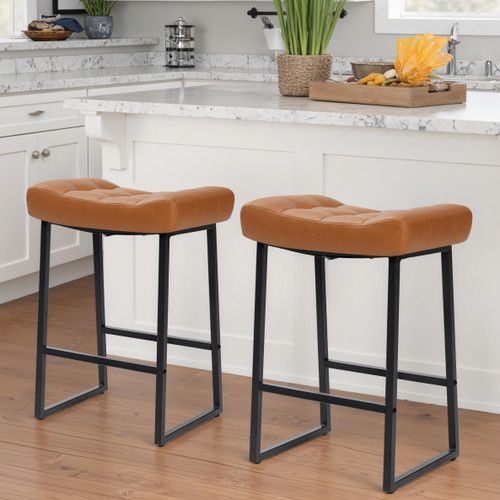 Modern Bar Stools Set of 2 for Kitchen Counter 24 inch Counter Height Backless Barstools with Upholstered Faux Leather Saddle Seat and Metal Frame Industrial Bar Chairs, Light Brown