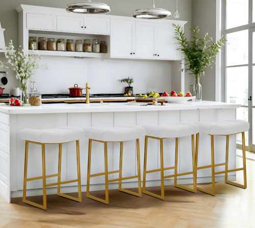 White & Gold Counter Height Bar Stools Set of 2 for Kitchen Counter Backless Kitchen Island Barstools with Upholstered Faux Leather Seat and Metal Frame Modern Industrial 24 inch Bar Chairs