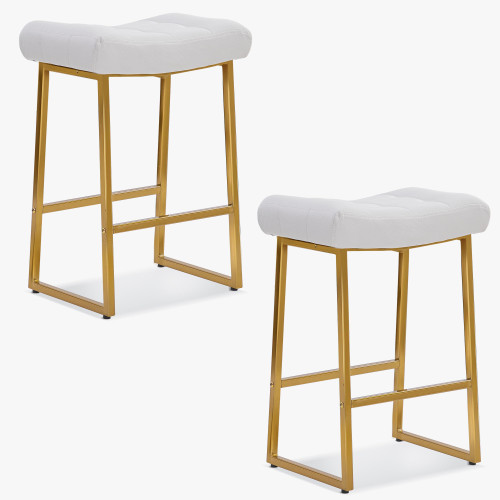 White & Gold Counter Height Bar Stools Set of 2 for Kitchen Counter Backless Kitchen Island Barstools with Upholstered Faux Leather Seat and Metal Frame Modern Industrial 24 inch Bar Chairs