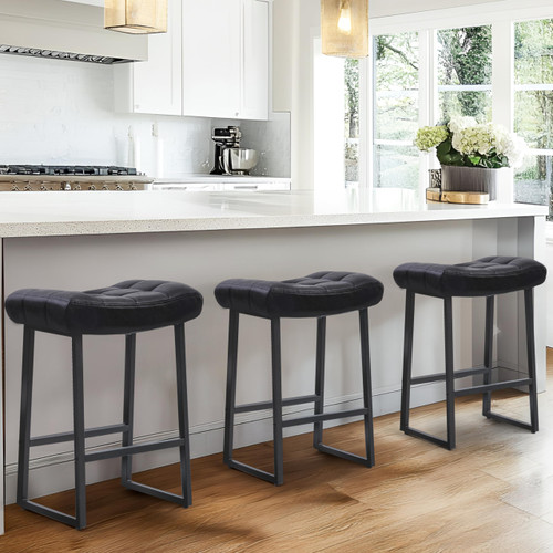 Black Bar Stools Set of 3 for Kitchen Island Counter Height Stools Modern Backless Barstools with Upholstered Faux Leather Saddle Seat and Metal Frame Industrial Bar Chairs, 24 inch