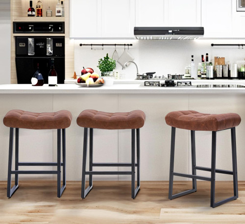 Modern Bar Stools Set of 3 for Kitchen Counter 24 inch Counter Height Backless Barstools with Upholstered Faux Leather Saddle Seat and Metal Frame Industrial Bar Chairs, Brown