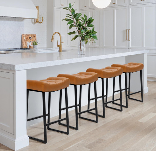 Modern Bar Stools Set of 3 for Kitchen Counter 24 inch Counter Height Backless Barstools with Upholstered Faux Leather Saddle Seat and Metal Frame Industrial Bar Chairs, Light Brown