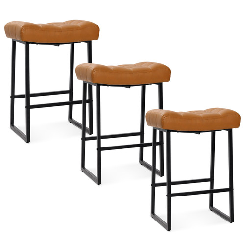 Modern Bar Stools Set of 3 for Kitchen Counter 24 inch Counter Height Backless Barstools with Upholstered Faux Leather Saddle Seat and Metal Frame Industrial Bar Chairs, Light Brown