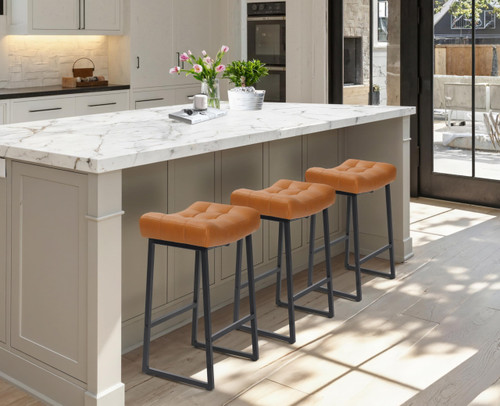 Modern Bar Stools Set of 3 for Kitchen Counter 24 inch Counter Height Backless Barstools with Upholstered Faux Leather Saddle Seat and Metal Frame Industrial Bar Chairs, Light Brown