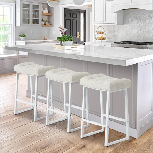 White & Beige Counter Height Bar Stools Set of 3 for Kitchen Counter Modern Backless Barstools with Upholstered Faux Leather Seat and Metal Frame Industrial 24 inch Bar Chairs