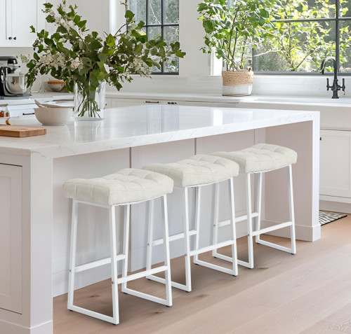 White & Beige Counter Height Bar Stools Set of 3 for Kitchen Counter Modern Backless Barstools with Upholstered Faux Leather Seat and Metal Frame Industrial 24 inch Bar Chairs