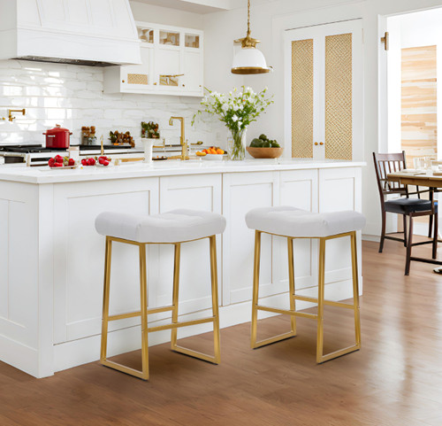 White & Gold Counter Height Bar Stools Set of 3 for Kitchen Counter Backless Kitchen Island Barstools with Upholstered Faux Leather Seat and Metal Frame Modern Industrial 24 inch Bar Chairs