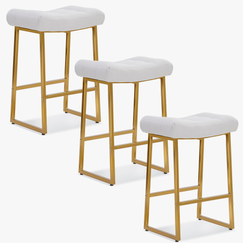 White & Gold Counter Height Bar Stools Set of 3 for Kitchen Counter Backless Kitchen Island Barstools with Upholstered Faux Leather Seat and Metal Frame Modern Industrial 24 inch Bar Chairs