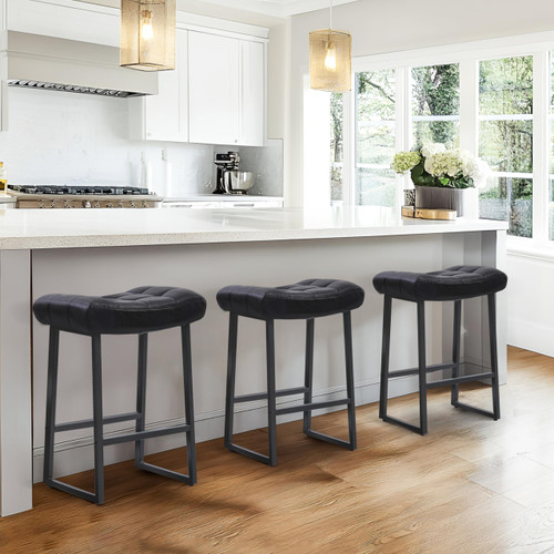 Black Bar Stools Set of 4 for Kitchen Island Counter Height Stools Modern Backless Barstools with Upholstered Faux Leather Saddle Seat and Metal Frame Industrial Bar Chairs, 24 inch