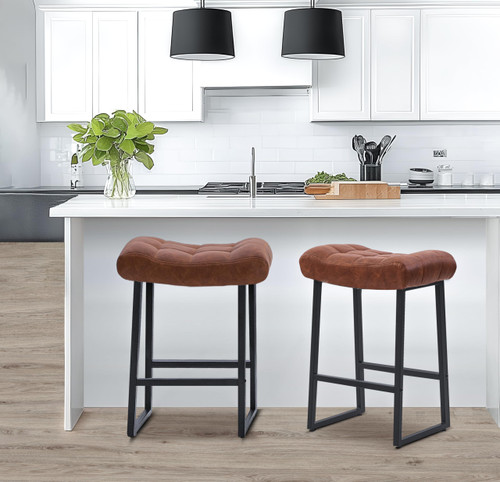 Modern Bar Stools Set of 4 for Kitchen Counter 24 inch Counter Height Backless Barstools with Upholstered Faux Leather Saddle Seat and Metal Frame Industrial Bar Chairs, Brown