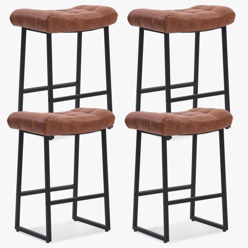 Modern Bar Stools Set of 4 for Kitchen Counter 24 inch Counter Height Backless Barstools with Upholstered Faux Leather Saddle Seat and Metal Frame Industrial Bar Chairs, Brown