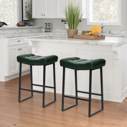 Modern Bar Stools Set of 4 for Kitchen Counter 24 inch Counter Height Backless Barstools with Upholstered Faux Leather Saddle Seat and Metal Frame Industrial Bar Chairs, Dark Green