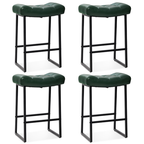 Modern Bar Stools Set of 4 for Kitchen Counter 24 inch Counter Height Backless Barstools with Upholstered Faux Leather Saddle Seat and Metal Frame Industrial Bar Chairs, Dark Green