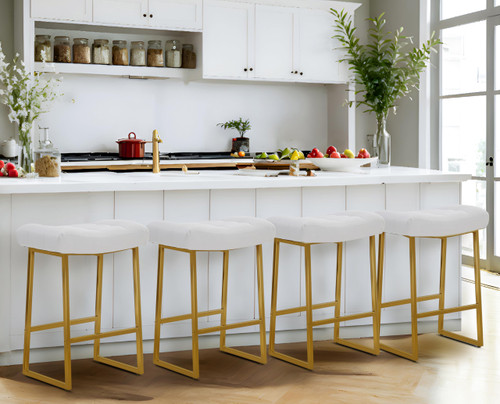White & Gold Counter Height Bar Stools Set of 4 for Kitchen Counter Backless Kitchen Island Barstools with Upholstered Faux Leather Seat and Metal Frame Modern Industrial 24 inch Bar Chairs