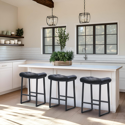 Black Bar Stools Set of 6 for Kitchen Island Counter Height Stools Modern Backless Barstools with Upholstered Faux Leather Saddle Seat and Metal Frame Industrial Bar Chairs, 24 inch
