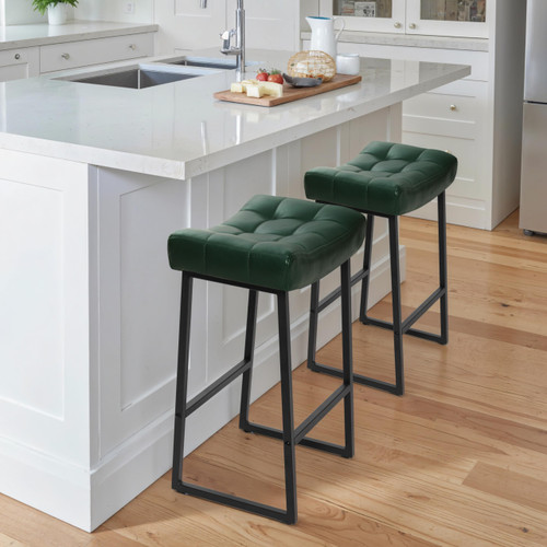 Modern Bar Stools Set of 6 for Kitchen Counter 24 inch Counter Height Backless Barstools with Upholstered Faux Leather Saddle Seat and Metal Frame Industrial Bar Chairs, Dark Green