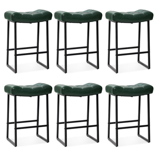 Modern Bar Stools Set of 6 for Kitchen Counter 24 inch Counter Height Backless Barstools with Upholstered Faux Leather Saddle Seat and Metal Frame Industrial Bar Chairs, Dark Green