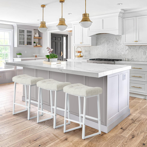 White & Beige Counter Height Bar Stools Set of 6 for Kitchen Counter Modern Backless Barstools with Upholstered Faux Leather Seat and Metal Frame Industrial 24 inch Bar Chairs