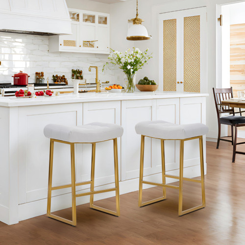 White & Gold Counter Height Bar Stools Set of 6 for Kitchen Counter Backless Kitchen Island Barstools with Upholstered Faux Leather Seat and Metal Frame Modern Industrial 24 inch Bar Chairs