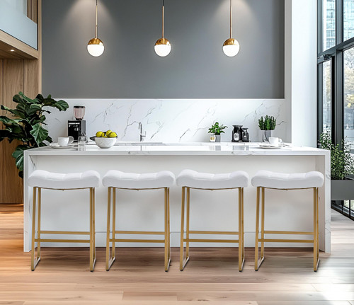 White & Gold Counter Height Bar Stools Set of 6 for Kitchen Counter Backless Kitchen Island Barstools with Upholstered Faux Leather Seat and Metal Frame Modern Industrial 24 inch Bar Chairs