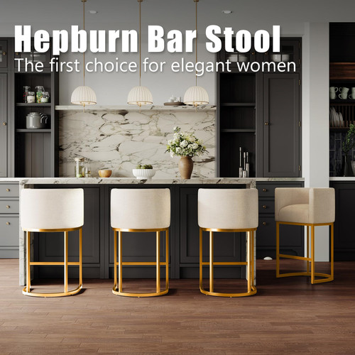 24" Modern Counter Height Bar Stools,Fabric Upholstered Barrel Barstools with Backs,Island Chairs Bar Stools Set of 1,Metal Gold Frames,Off White Linen