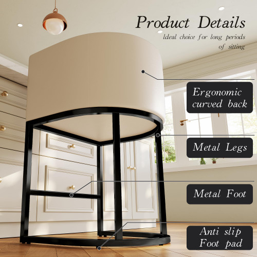 26" Modern Counter Height Bar Stools,UP Leather Upholstered Barrel Barstools with Backs,Island Chairs bar stools Set of 1,Metal Black Frames,Beige White Leather