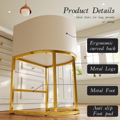 26" Modern Counter Height Bar Stools,PU Leather Upholstered Barrel Barstools with Backs,Island Chairs Bar Stools Set of 1,Beige White Leather